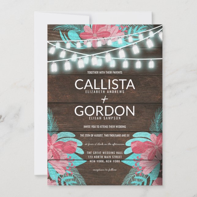 Convite Casamento Rustic Floral Wood Mason Jar Lights (Frente)