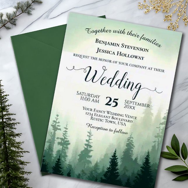 Convite Casamento Rustic Foggy Woodland Adventure Pines (Criador carregado)