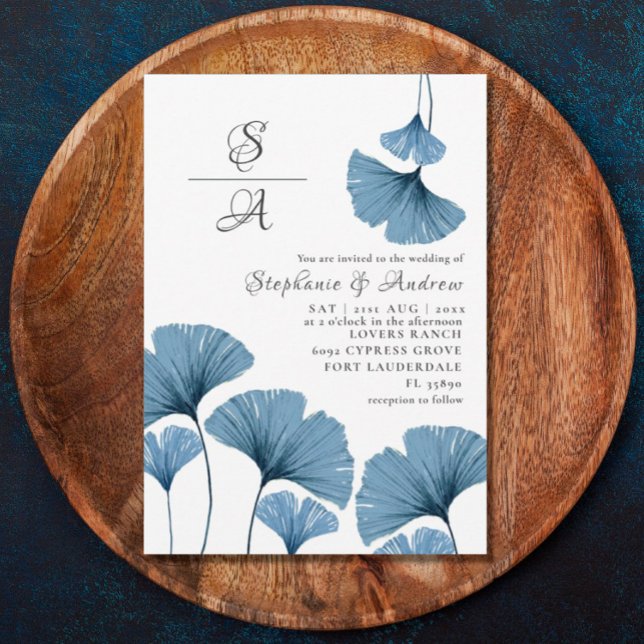Convite Casamento Rustic Foliage Blue & White Gingko (Criador carregado)