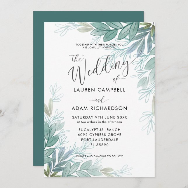 Convite Casamento Rustic Foliage Sage Green & Teal Greener (Frente/Verso)