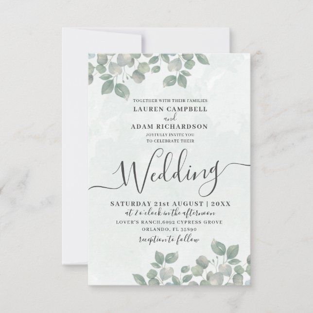 Convite Casamento Rustic Green Eucalyptus Watercolor (Frente)