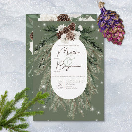 Convite Casamento Rustic Green Pine Winter Sparkle