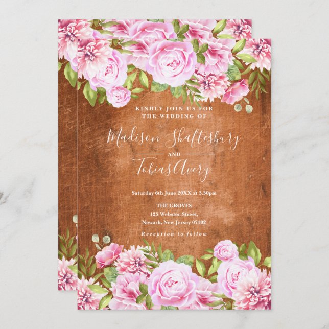 Convite Casamento Rustic Greenery Blush Pink Peony (Frente/Verso)