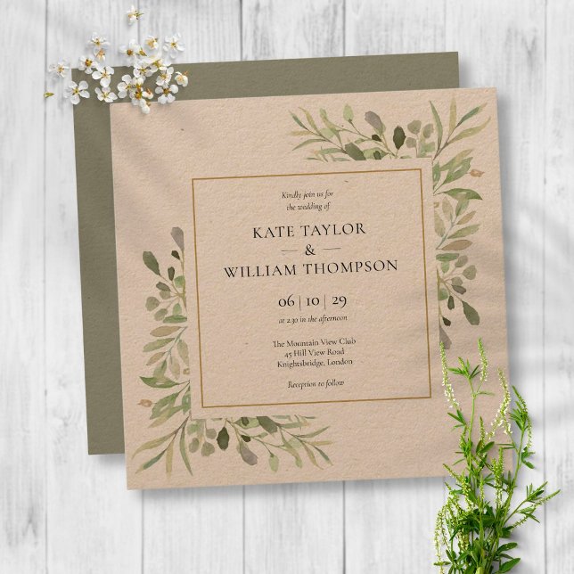 Convite Casamento Rustic Greenery Botanical Watercolor (Criador carregado)