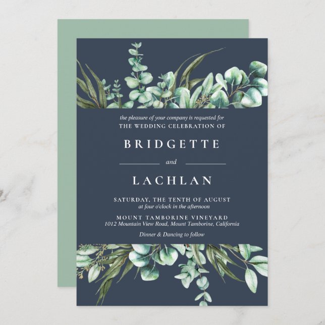 Convite Casamento Rustic Greenery e Eucalyptus Marinho (Frente/Verso)