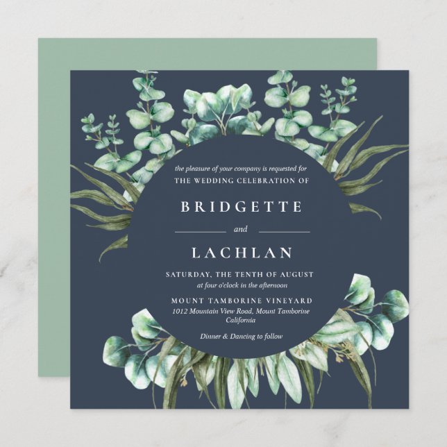 Convite Casamento Rustic Greenery e Marinho Eucalyptus SQ (Frente/Verso)