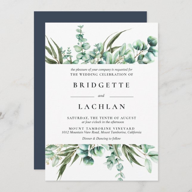 Convite Casamento Rustic Greenery Eucalyptus Watercolor (Frente/Verso)