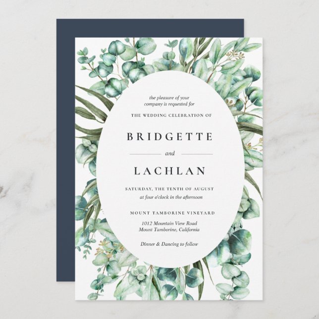 Convite Casamento Rustic Greenery Eucalyptus Watercolor (Frente/Verso)