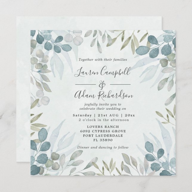 Convite Casamento Rustic Greenery Eucalyptus Watercolor (Frente/Verso)