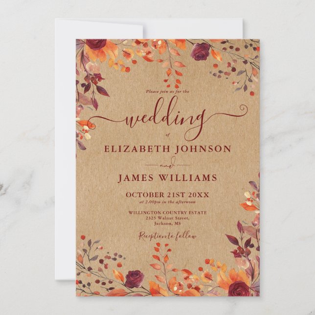 Convite Casamento Rustic Kraft Autumn Rustic Floral (Frente)