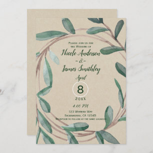 Convite Casamento Rustic Kraft Botanical Wreath Leaf