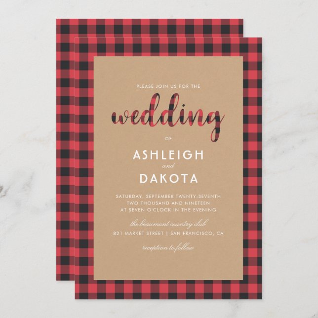 Convite Casamento Rustic Kraft & Buffalo Xadrez Script (Frente/Verso)