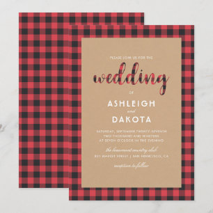 Convite Casamento Rustic Kraft & Buffalo Xadrez Script