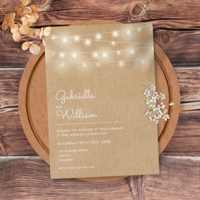 Convite Casamento Rustic Kraft das Luzes de Corda (Criador carregado)