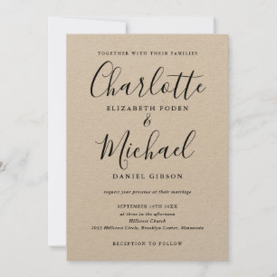Convite Casamento Rustic Kraft de Script de Assinatura Neg