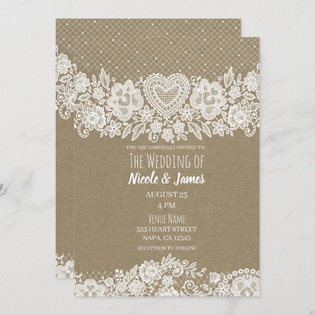 Convite Casamento Rustic Kraft & Lace Farmhouse Barn (Frente/Verso)
