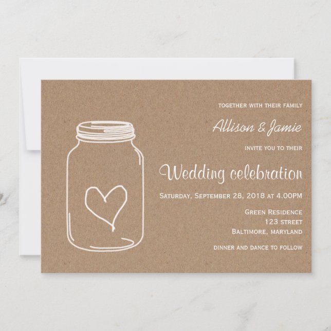 Convite Casamento Rustic Kraft Paper Masonjar Heart Countr (Frente)
