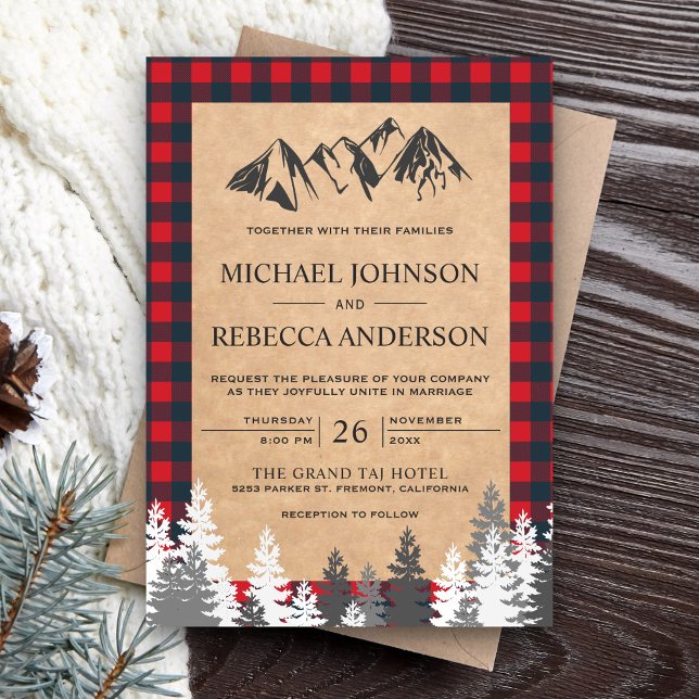 Convite Casamento Rustic Kraft Red Buffalo Xadrez Mountain (Criador carregado)