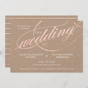 Convite Casamento Rustic Kraft & Rosa Dourado Script