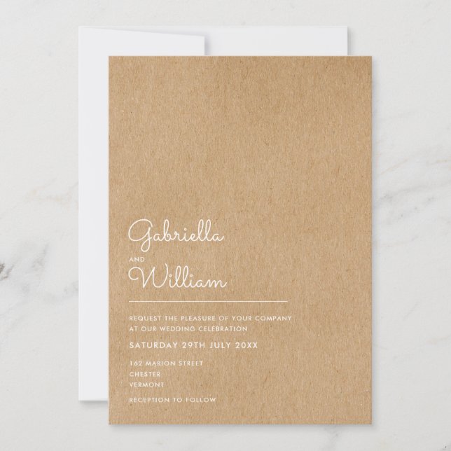 Convite Casamento Rustic Kraft, Script Natural Simples (Frente)