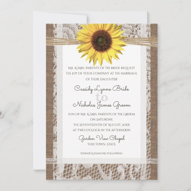 Convite Casamento Rustic Lace and Sunflower (Frente)