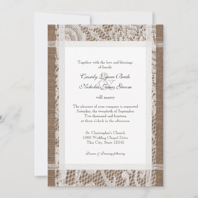 Convite Casamento Rustic Lace e Burlap 7x5 (Frente)