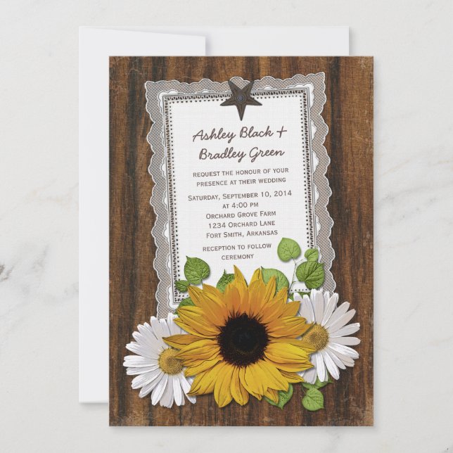 Convite Casamento Rustic Lace Wood Sunflower Daisy Country (Frente)
