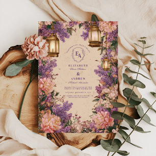 Convite Casamento Rustic Lantern Lilac Peony