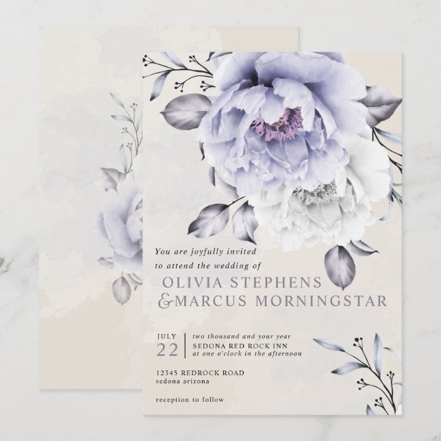 Convite Casamento | Rustic Lilac e Alabaster Peony Floral (Frente/Verso)
