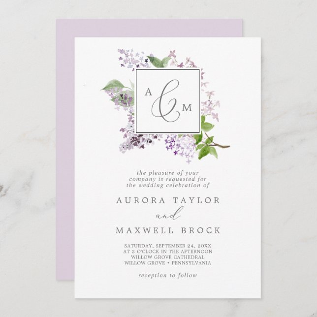 Convite Casamento Rustic Lilac Formal Monograma (Frente/Verso)