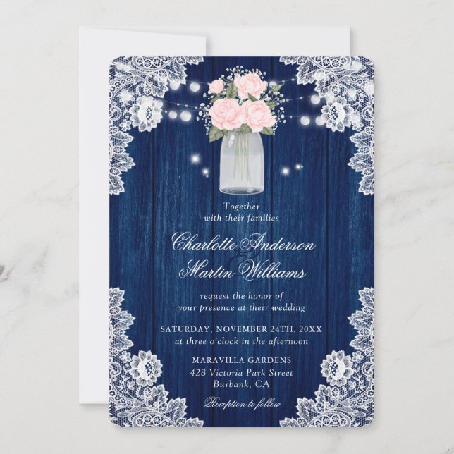 Convite Casamento Rustic Marinho Blue and Blush Wood Lace (Frente)