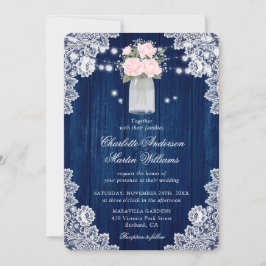 Convite Casamento Rustic Marinho Blue and Blush Wood Lace