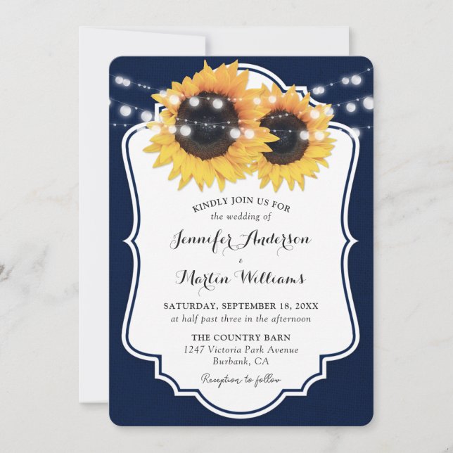 Convite Casamento Rustic Marinho Blue Burlap Sunflower (Frente)