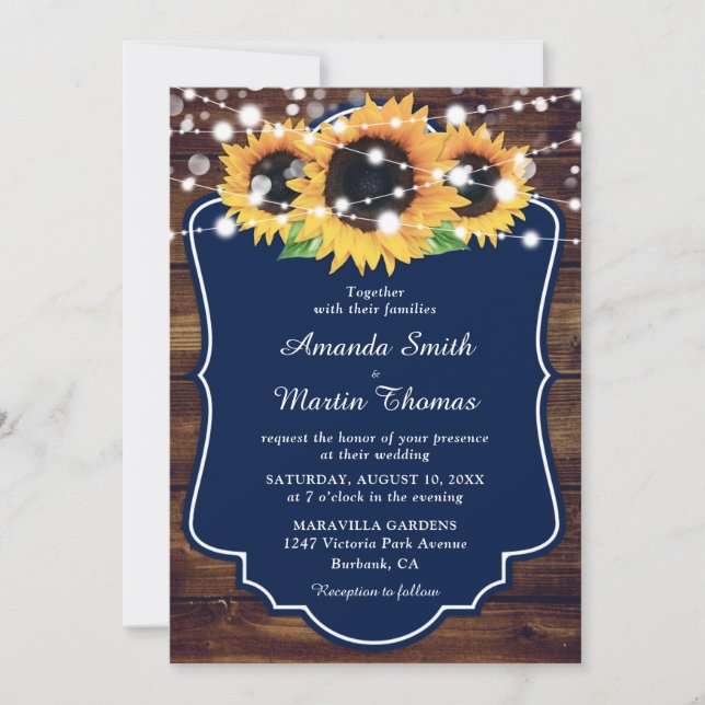 Convite Casamento Rustic Marinho Blue Sunflower (Frente)