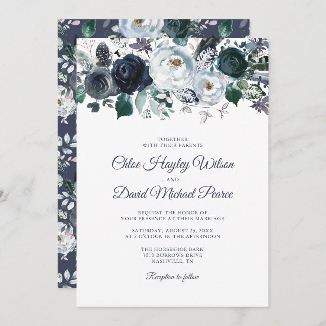 Convite Casamento Rustic Marinho Dusty Blue Watercolor (Frente/Verso)