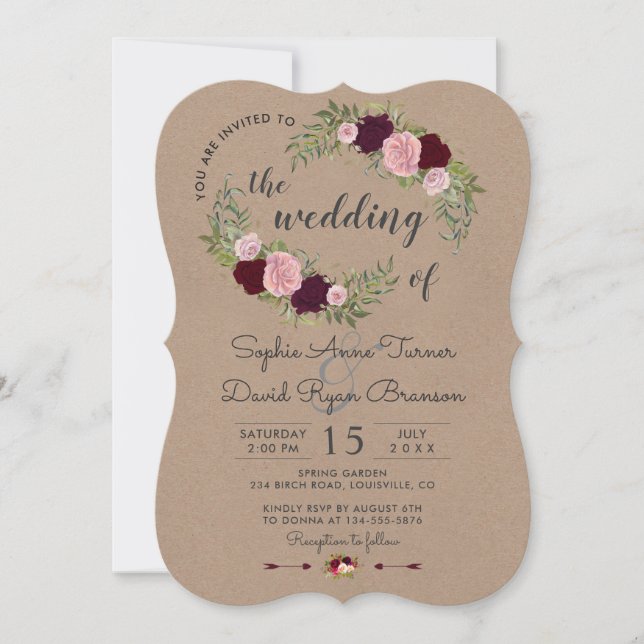 Convite Casamento Rustic Marsala Floral Artesanato Paper (Frente)