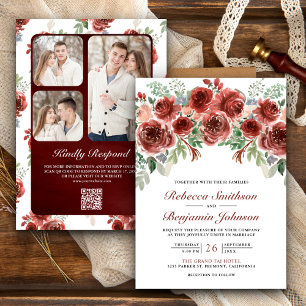 Convite Casamento Rustic Marsala Floral Foto QR Code