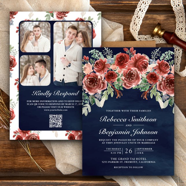 Convite Casamento Rustic Marsala Floral Foto QR Code Marin (Criador carregado)