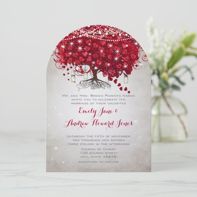 Convite Casamento Rustic Mason Jar Red Tree Brown Trunk (Em pé/Frente)