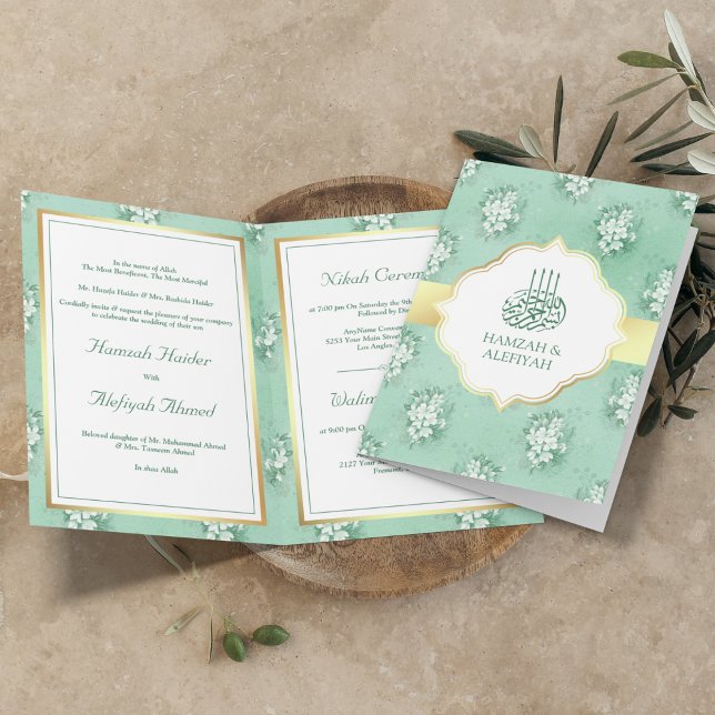Convite Casamento Rustic Mint Green e White Floral Muslim (Criador carregado)