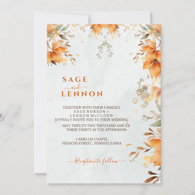 Convite Casamento Rustic Orange Boho Watercolor Blush (Frente)