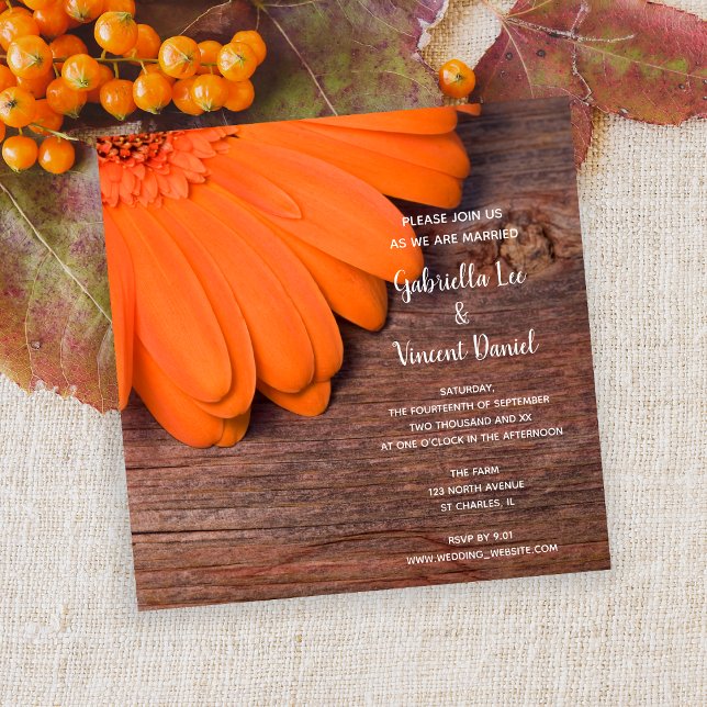 Convite Casamento Rustic Orange Daisy and Barn Wood Countr (Criador carregado)