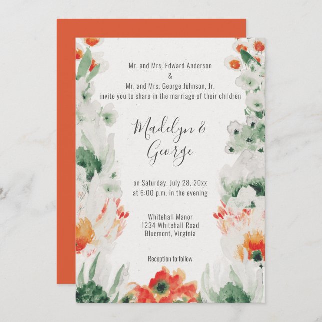 Convite Casamento Rustic Orange White Watercolor (Frente/Verso)