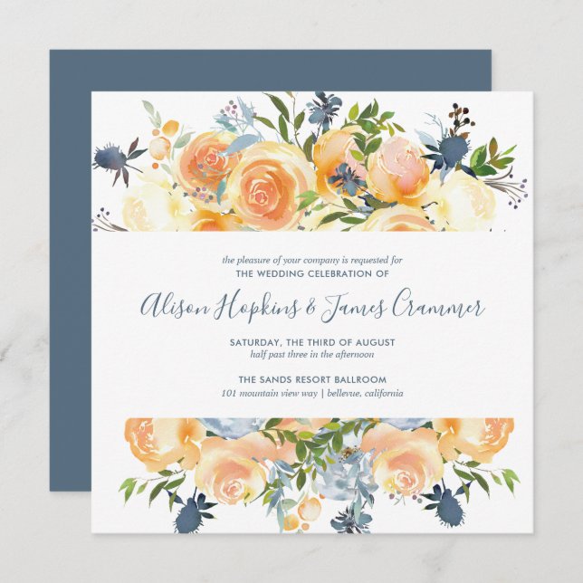 Convite Casamento Rustic Peach Peony Floral Buquê SQ (Frente/Verso)