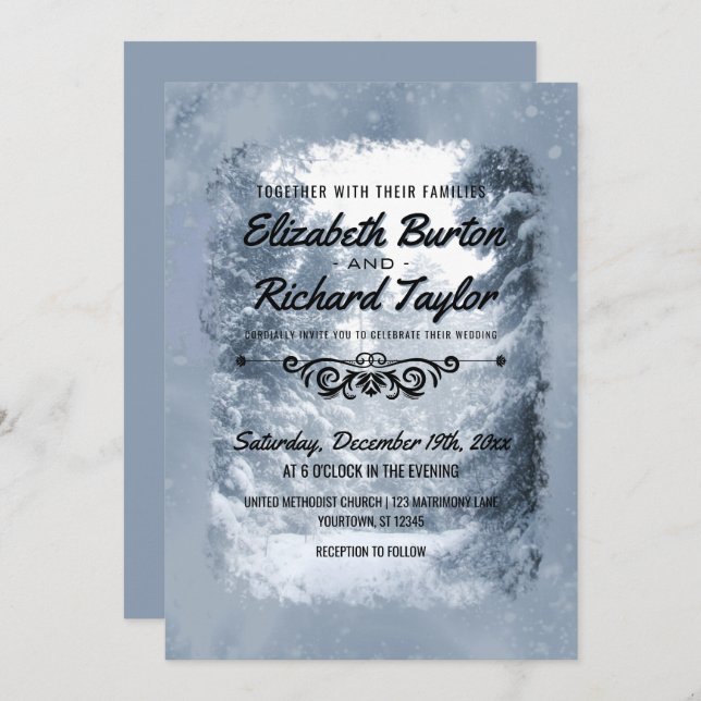 Convite Casamento Rustic Pine Trees Blue Winter Wonderland (Frente/Verso)