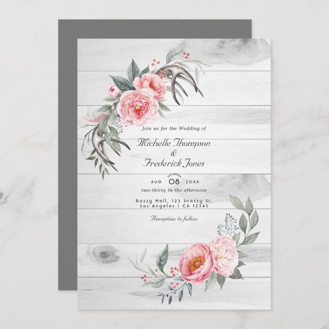 Convite Casamento Rustic Pink Boho Floral Código QR RSVP (Frente/Verso)