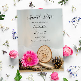 Convite Casamento Rustic Pink Daisy Woodland Salve a Data