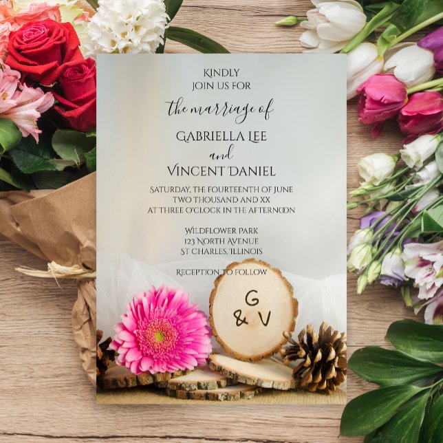 Convite Casamento Rustic Pink Gerber Daisy Natural Woods (Criador carregado)