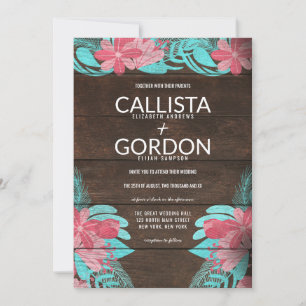 Convite Casamento Rustic Pink Teal Floral Wood Barn