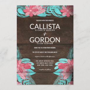 Convite Casamento Rustic Pink Teal Floral Wood Barn
